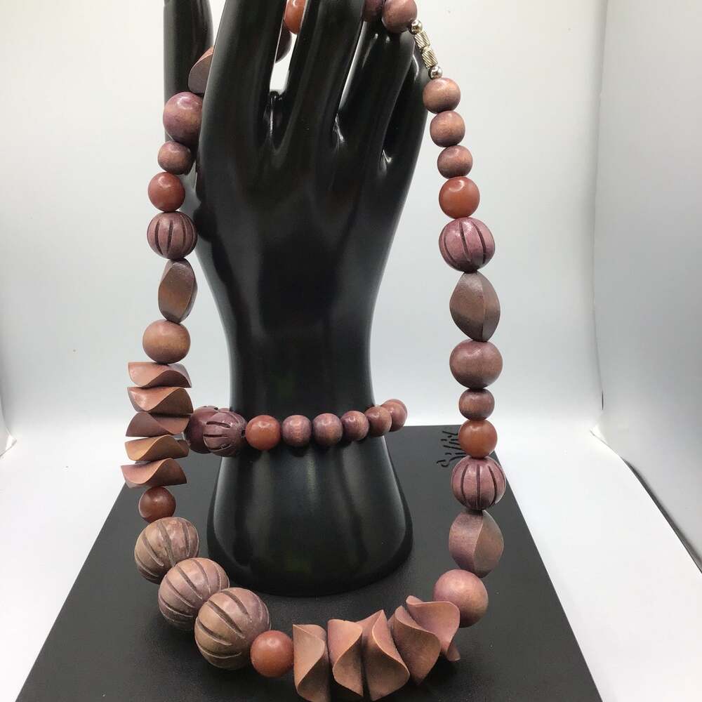 Vintage Karla Jordan Mauve Brown Geometric Bead Necklace Bracelet Set